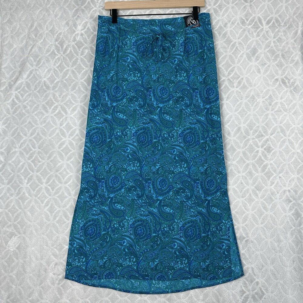 Y2K Tie Front Midi Skirt 14/16 XL Blue Paisley Boho Fairy Grunge Modest Vtg 90s